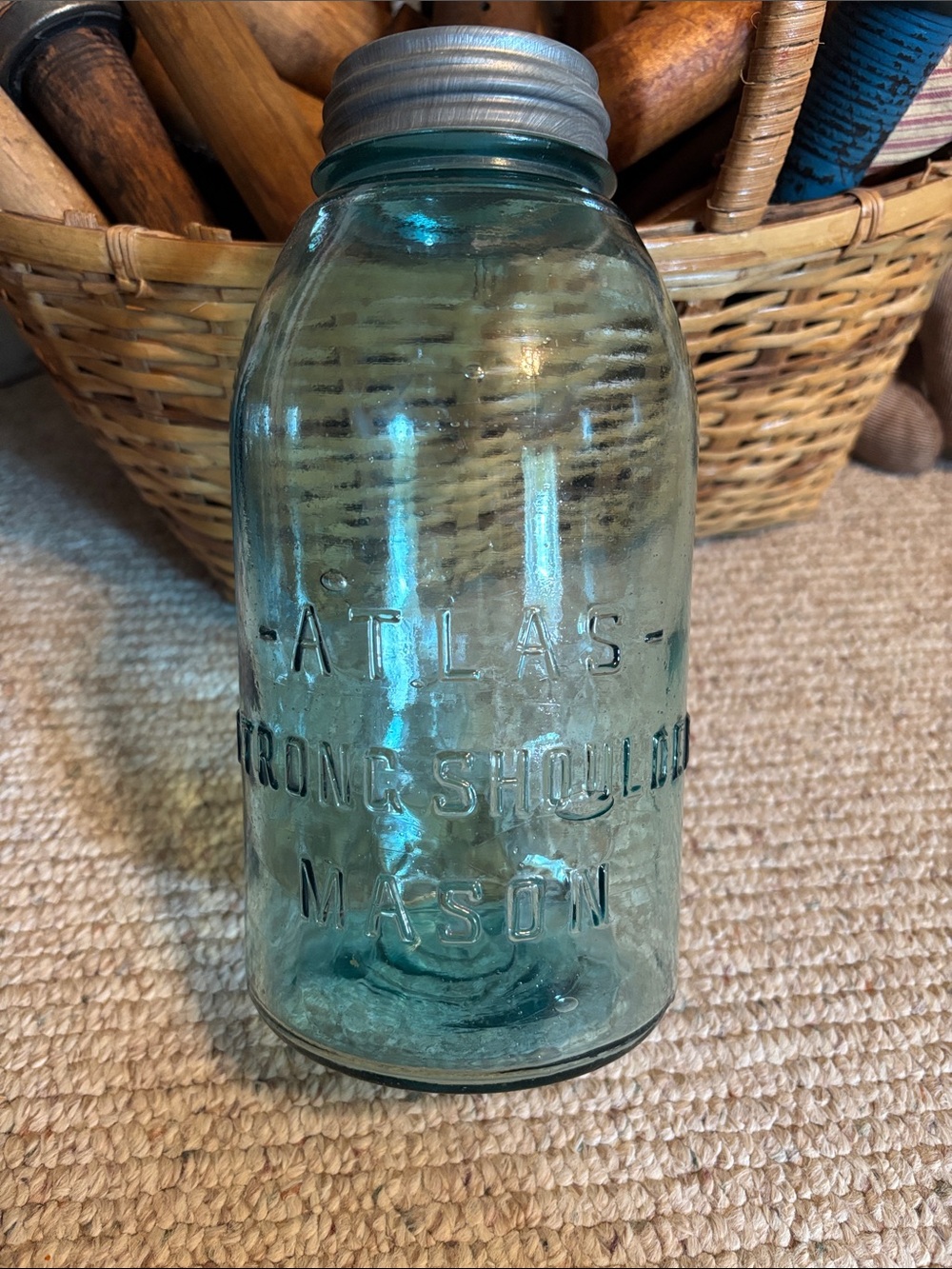 Atlas Strong Shoulder Mason Aqua Glass Jar with Metal Lid